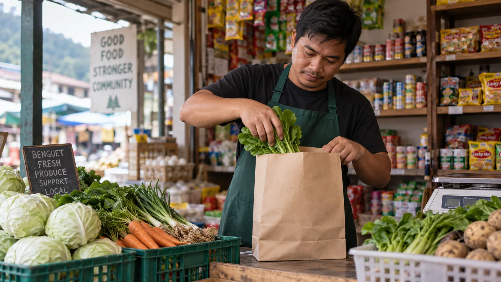 A local shopkeeper packing fresh vegetables into a paper bag