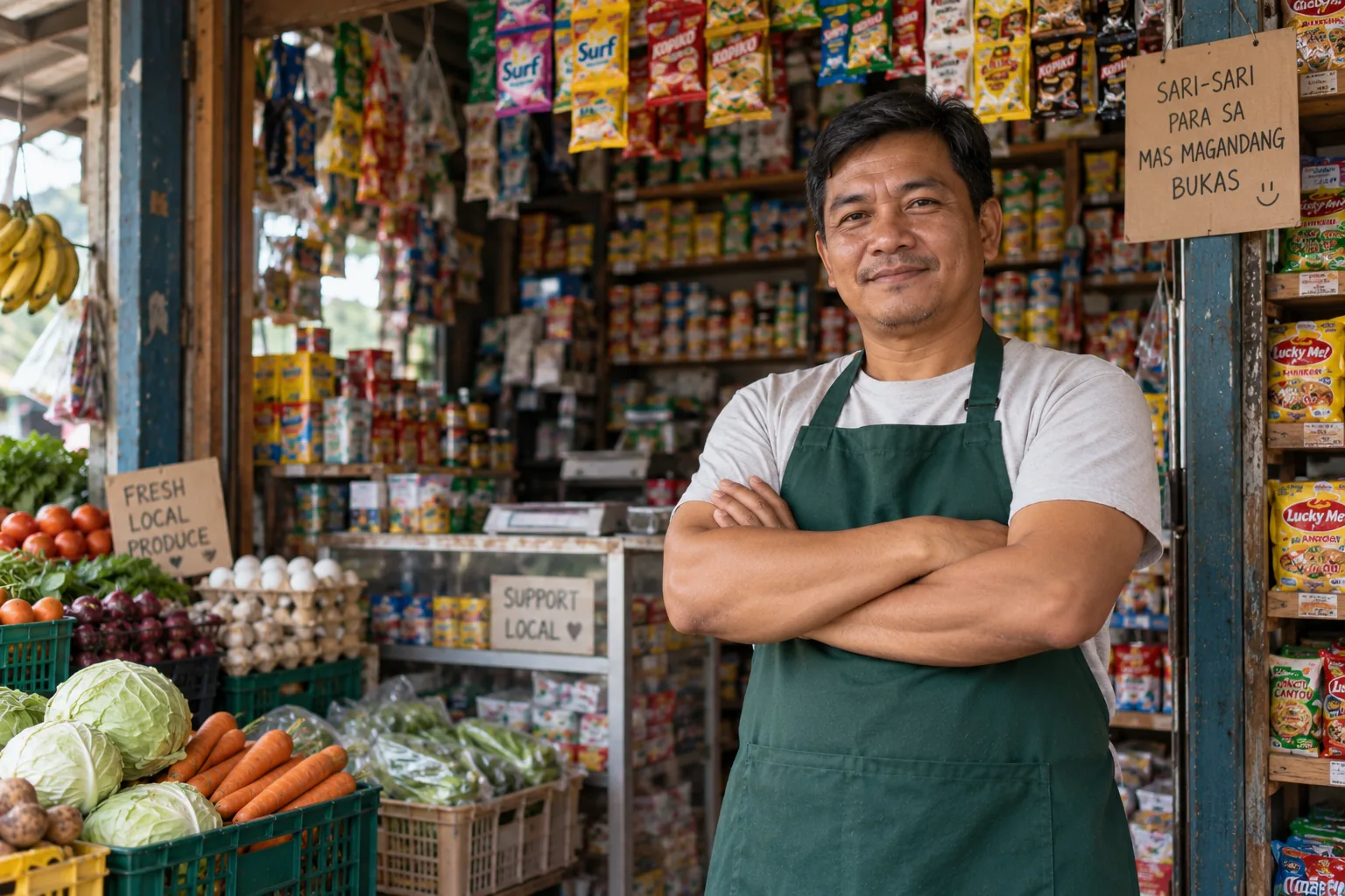 A local sari-sari store owner standing proudly in his shop