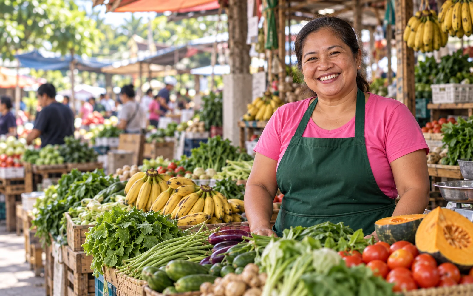 A smiling Filipina market seller at her fresh produce stall